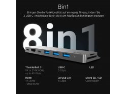 Adapter Green Cell HUB Connect60 8in1 (Thunderbolt 3, USB-C, HDMI, 3x USB 3.0) für Apple MacBook Air 2018, Pro 2016 und neuer