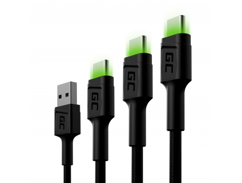 Набір 3x Green Cell GC Ray - USB-C 30 см, 120 см, 200 см, grüne LED, Schnellladung Ultra Charge, QC 3.0