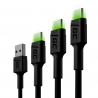 Набір 3x Green Cell GC Ray - USB-C 30 см, 120 см, 200 см, grüne LED, Schnellladung Ultra Charge, QC 3.0