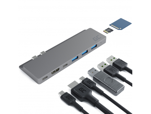 Адаптер-концентратор Green Cell GC Connect60 8in1 (Thunderbolt 3, USB-C, HDMI, 3x USB 3.0, SD, microSD) для MacBook Pro 13&quot;