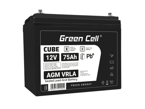 Green Cell CUBE AGM IP54 12V 75Ah VRLA акумулятор для рибальських човнів, скутерів, газонокосарок, тракторів.