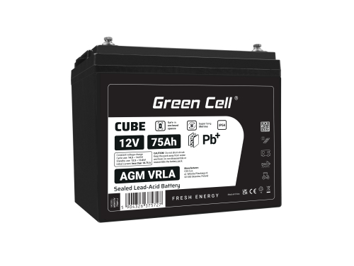 Green Cell CUBE AGM IP54 12V 75Ah VRLA акумулятор для рибальських човнів, скутерів, газонокосарок, тракторів.