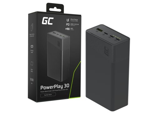 Greencell PowerPlay 30 - чорний powerbank потужністю 30 000мАг, 22,5В, 4 порти