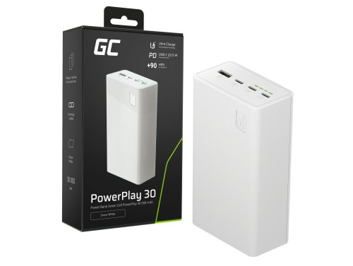 Greencell PowerPlay 30 - білий powerbank потужністю 30 000mAh, 22,5W, 4 порти